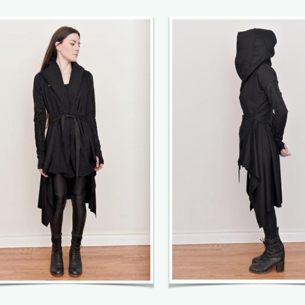 Nuit Clothing Atelier Tournure Hooded Cashmere Wool Coat w/Blistered Leather